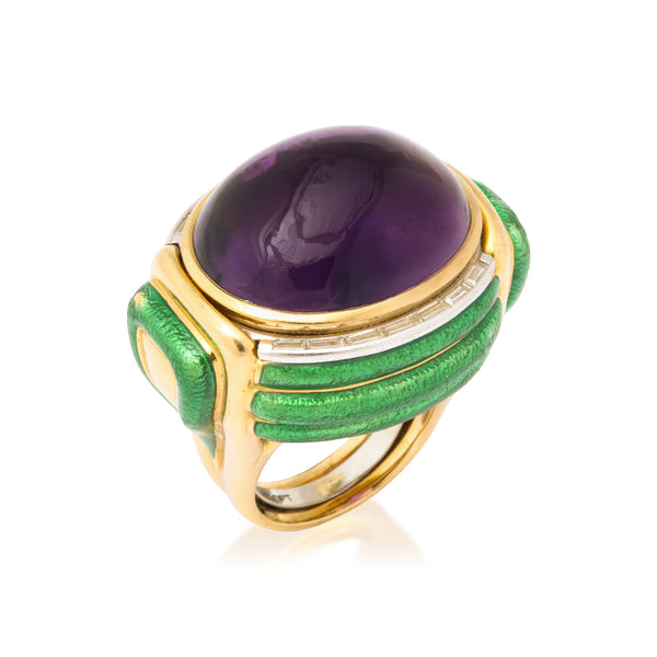David Webb Amethyst and Green Enamel Ring