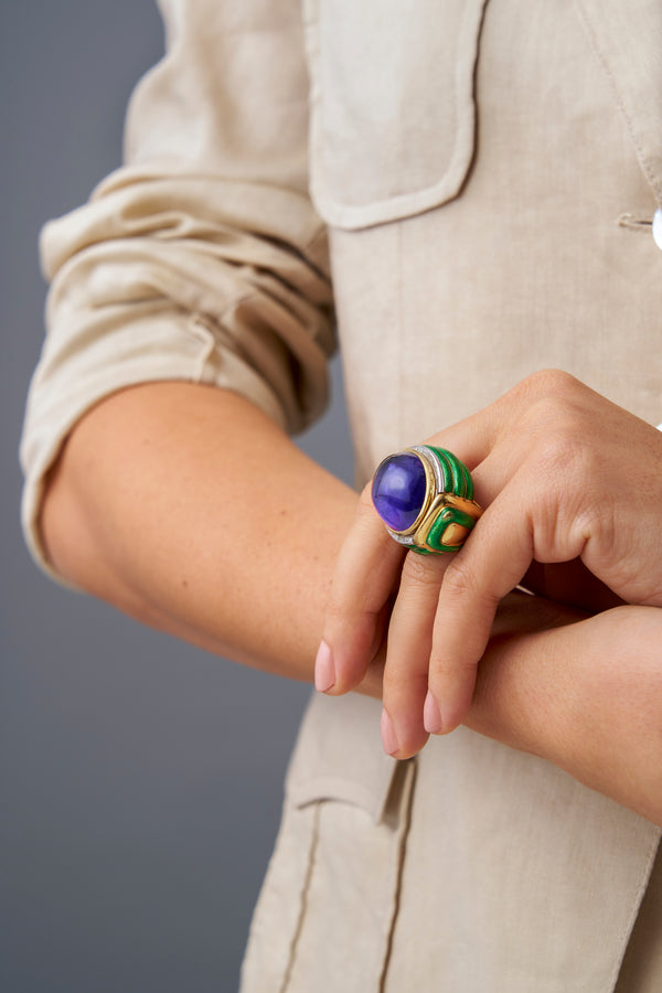 David Webb Amethyst and Green Enamel Ring