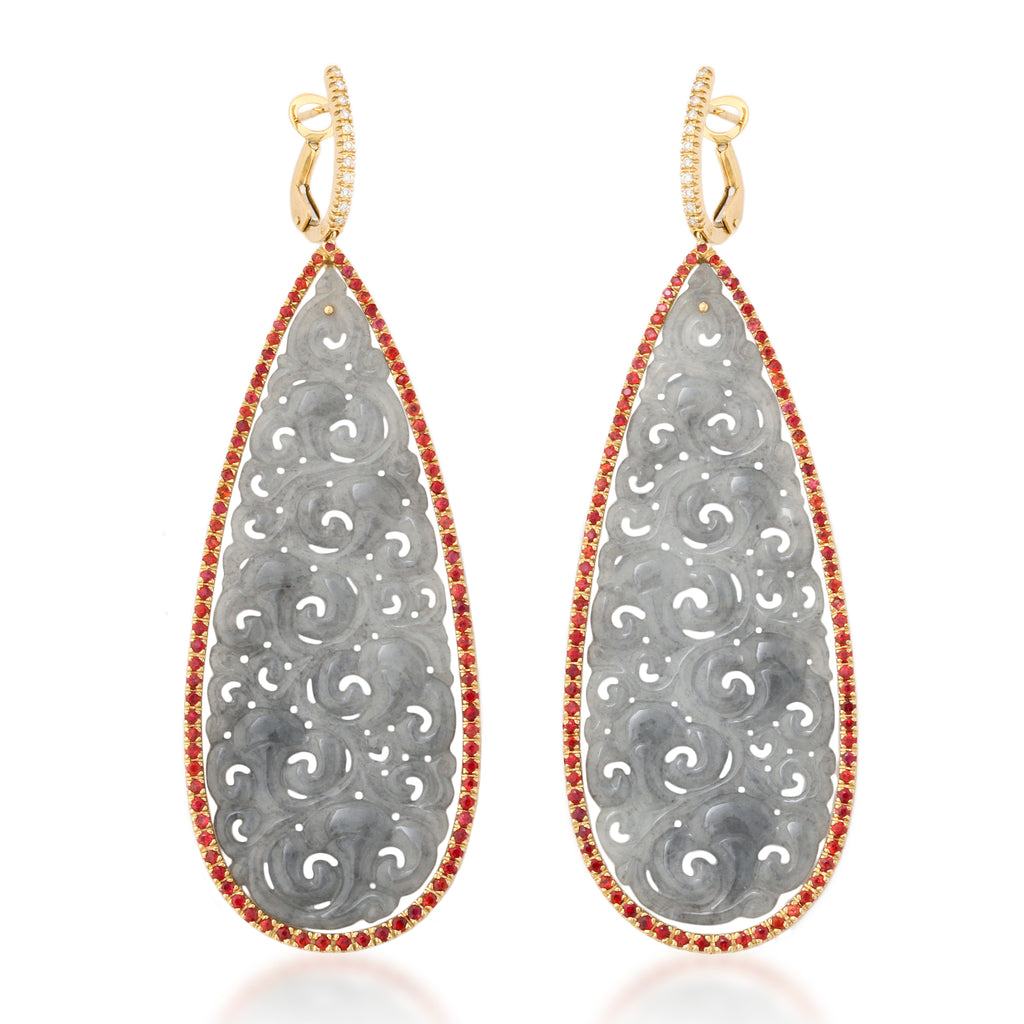 Icy Jade, Orange Sapphire and Diamond Long Drop Earrings