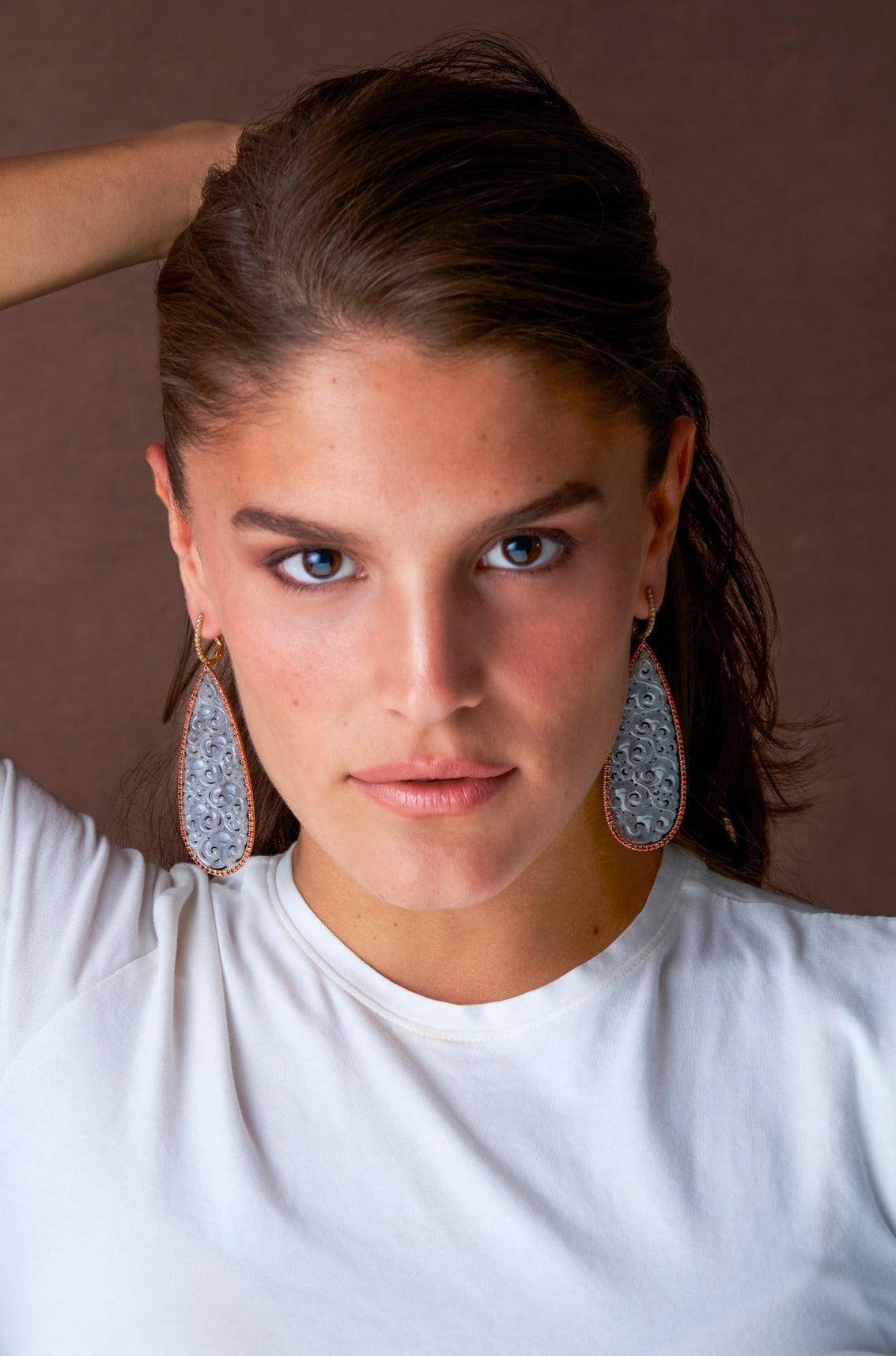 Icy Jade, Orange Sapphire and Diamond Long Drop Earrings