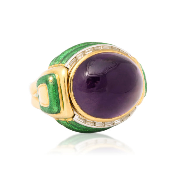 David Webb Amethyst and Green Enamel Ring