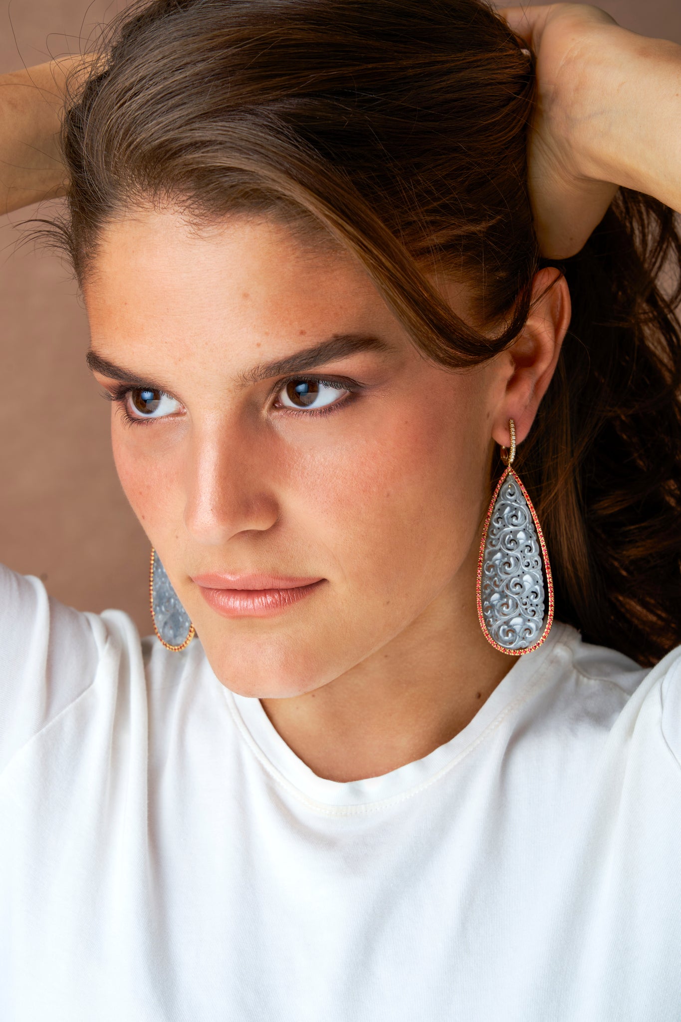 Icy Jade, Orange Sapphire and Diamond Long Drop Earrings